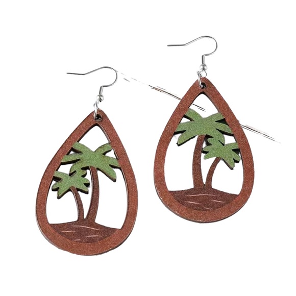 Wooden Painted Palm Tree Seaside Teardrop Earrings - Picture 6 of 6